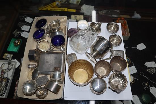 A group of small silver dishes, scent bottle top, an inkwell, sewing related items, vestas, etc.